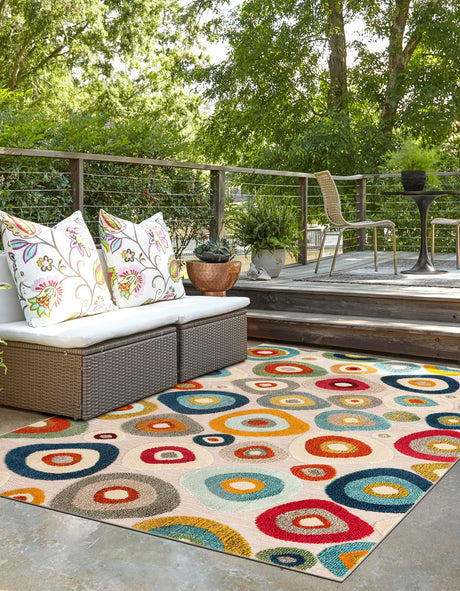 Multicolor Beige 5' 1 x 7' 1 Outdoor Casablanca Rectangle Area Rug Weather Resistant for Patio, Deck, Terrace, Balcony, Porch Polypropylene Vivid Colorful Modern Carpet for Sale at Rug Engine