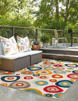 Multicolor Beige 7' 10 x 10' Outdoor Casablanca Rectangle Area Rug Weather Resistant for Patio, Deck, Terrace, Balcony, Porch Polypropylene Vivid Colorful Modern Carpet for Sale at Rug Engine