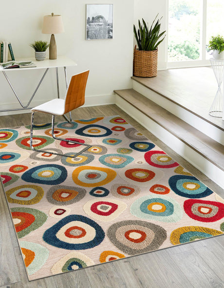 Multicolor Beige 5' 1 x 7' 1 Outdoor Casablanca Rectangle Area Rug Weather Resistant for Patio, Deck, Terrace, Balcony, Porch Polypropylene Vivid Colorful Modern Carpet for Sale at Rug Engine