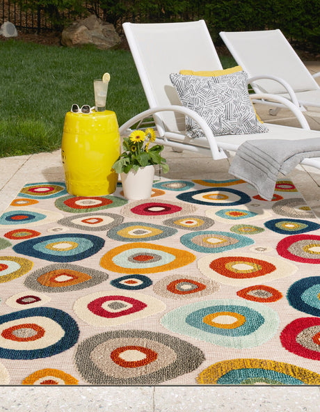 Multicolor Beige 5' 1 x 7' 1 Outdoor Casablanca Rectangle Area Rug Weather Resistant for Patio, Deck, Terrace, Balcony, Porch Polypropylene Vivid Colorful Modern Carpet for Sale at Rug Engine