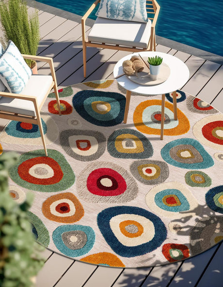 Multicolor Beige 7' 10 x 7' 10 Outdoor Casablanca Round Area Rug Weather Resistant for Patio, Deck, Terrace, Balcony, Porch Polypropylene Vivid Colorful Modern Carpet for Sale at Rug Engine