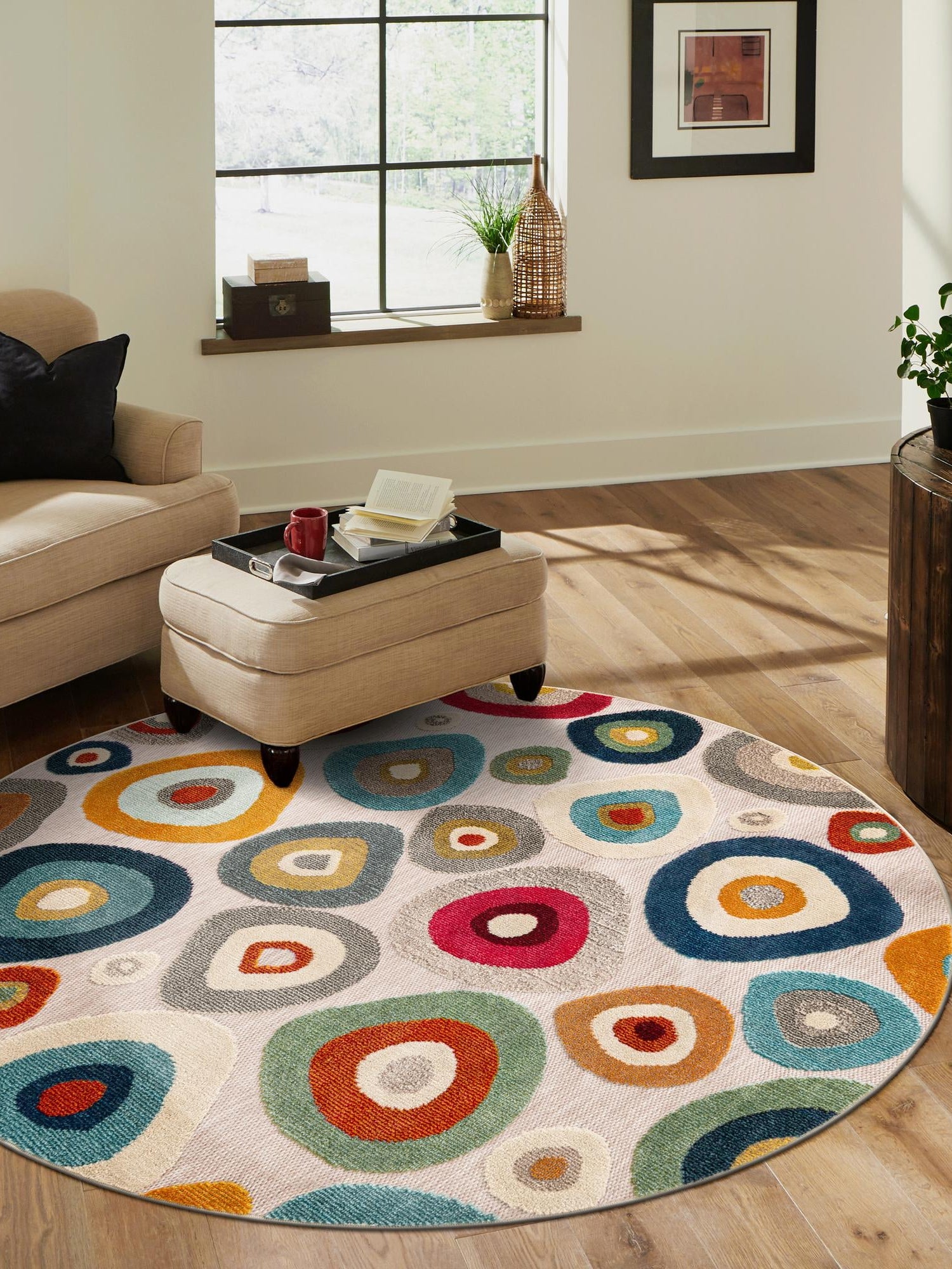 Multicolor Beige 7' 10 x 7' 10 Outdoor Casablanca Round Area Rug Weather Resistant for Patio, Deck, Terrace, Balcony, Porch Polypropylene Vivid Colorful Modern Carpet for Sale at Rug Engine