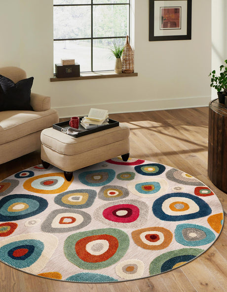 Multicolor Beige 6' 1 x 6' 1 Outdoor Casablanca Round Area Rug Weather Resistant for Patio, Deck, Terrace, Balcony, Porch Polypropylene Vivid Colorful Modern Carpet for Sale at Rug Engine