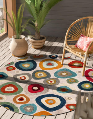 Multicolor Beige 3' 1 x 3' 1 Outdoor Casablanca Round Area Rug Weather Resistant for Patio, Deck, Terrace, Balcony, Porch Polypropylene Vivid Colorful Modern Carpet for Sale at Rug Engine