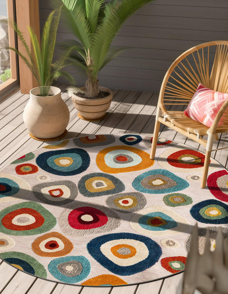 Multicolor Beige 6' 1 x 6' 1 Outdoor Casablanca Round Area Rug Weather Resistant for Patio, Deck, Terrace, Balcony, Porch Polypropylene Vivid Colorful Modern Carpet for Sale at Rug Engine