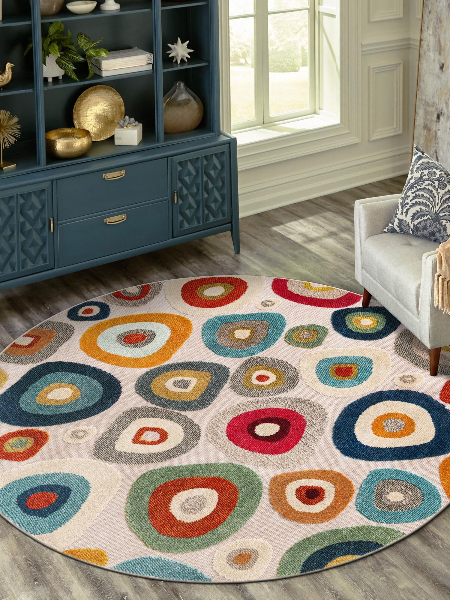 Multicolor Beige 7' 10 x 7' 10 Outdoor Casablanca Round Area Rug Weather Resistant for Patio, Deck, Terrace, Balcony, Porch Polypropylene Vivid Colorful Modern Carpet for Sale at Rug Engine