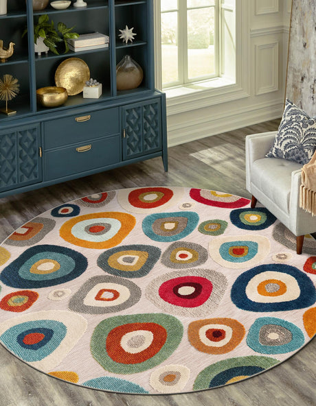 Multicolor Beige 7' 10 x 7' 10 Outdoor Casablanca Round Area Rug Weather Resistant for Patio, Deck, Terrace, Balcony, Porch Polypropylene Vivid Colorful Modern Carpet for Sale at Rug Engine