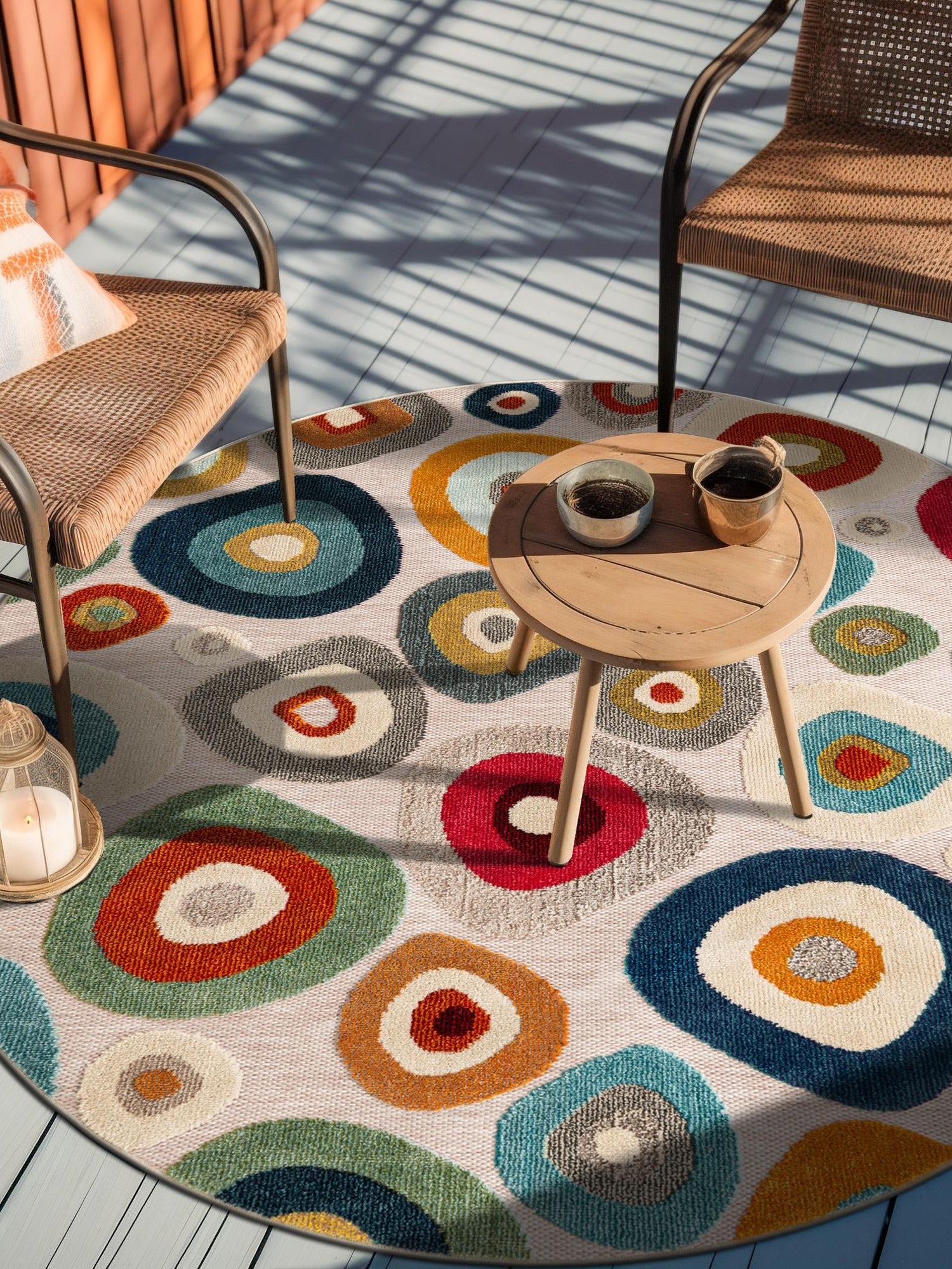 Multicolor Beige 7' 10 x 7' 10 Outdoor Casablanca Round Area Rug Weather Resistant for Patio, Deck, Terrace, Balcony, Porch Polypropylene Vivid Colorful Modern Carpet for Sale at Rug Engine
