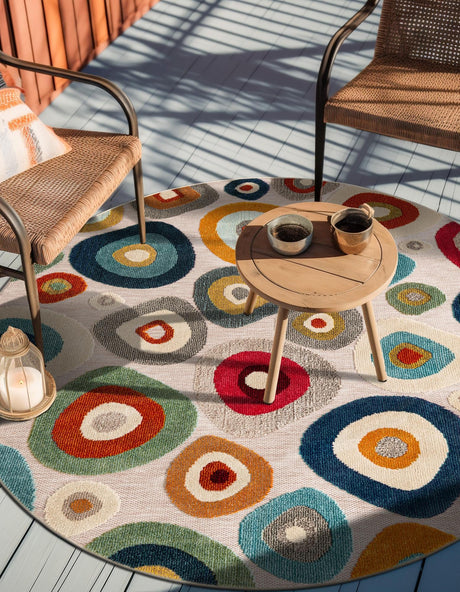Multicolor Beige 6' 1 x 6' 1 Outdoor Casablanca Round Area Rug Weather Resistant for Patio, Deck, Terrace, Balcony, Porch Polypropylene Vivid Colorful Modern Carpet for Sale at Rug Engine