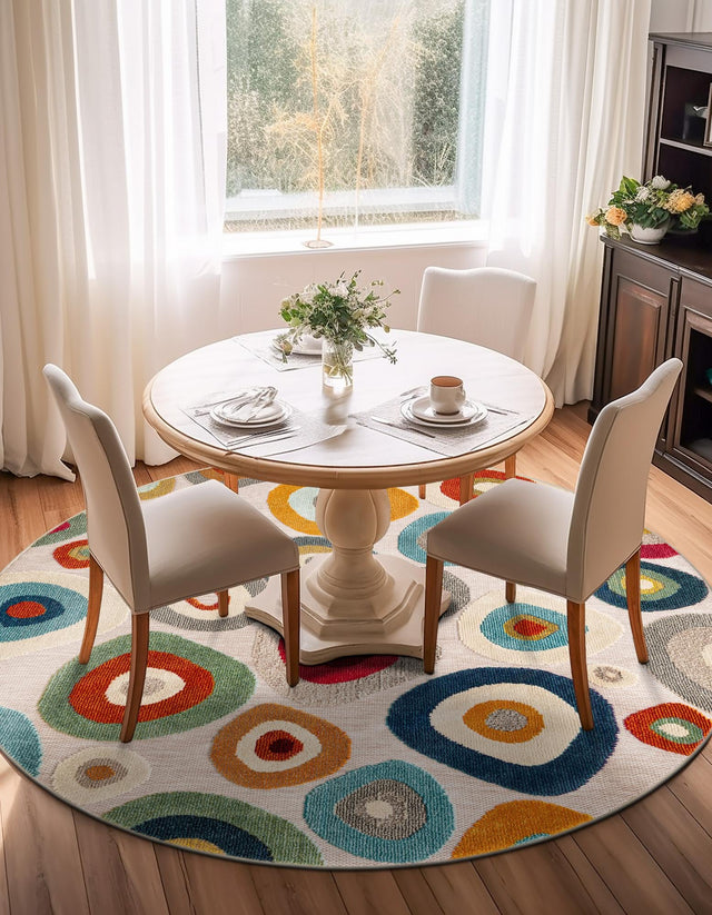 Multicolor Beige 3' 1 x 3' 1 Outdoor Casablanca Round Area Rug Weather Resistant for Patio, Deck, Terrace, Balcony, Porch Polypropylene Vivid Colorful Modern Carpet for Sale at Rug Engine
