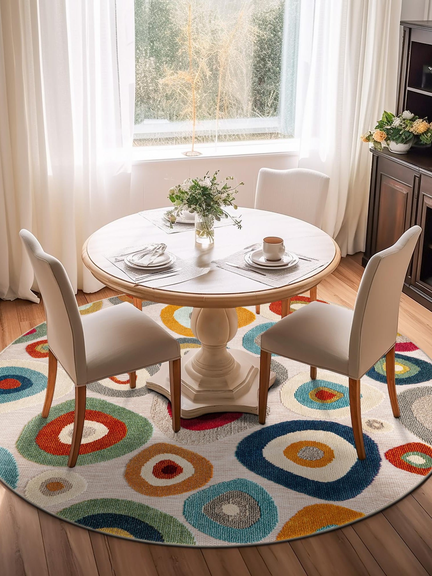 Multicolor Beige 6' 1 x 6' 1 Outdoor Casablanca Round Area Rug Weather Resistant for Patio, Deck, Terrace, Balcony, Porch Polypropylene Vivid Colorful Modern Carpet for Sale at Rug Engine