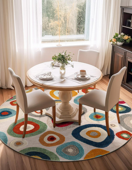Multicolor Beige 6' 1 x 6' 1 Outdoor Casablanca Round Area Rug Weather Resistant for Patio, Deck, Terrace, Balcony, Porch Polypropylene Vivid Colorful Modern Carpet for Sale at Rug Engine