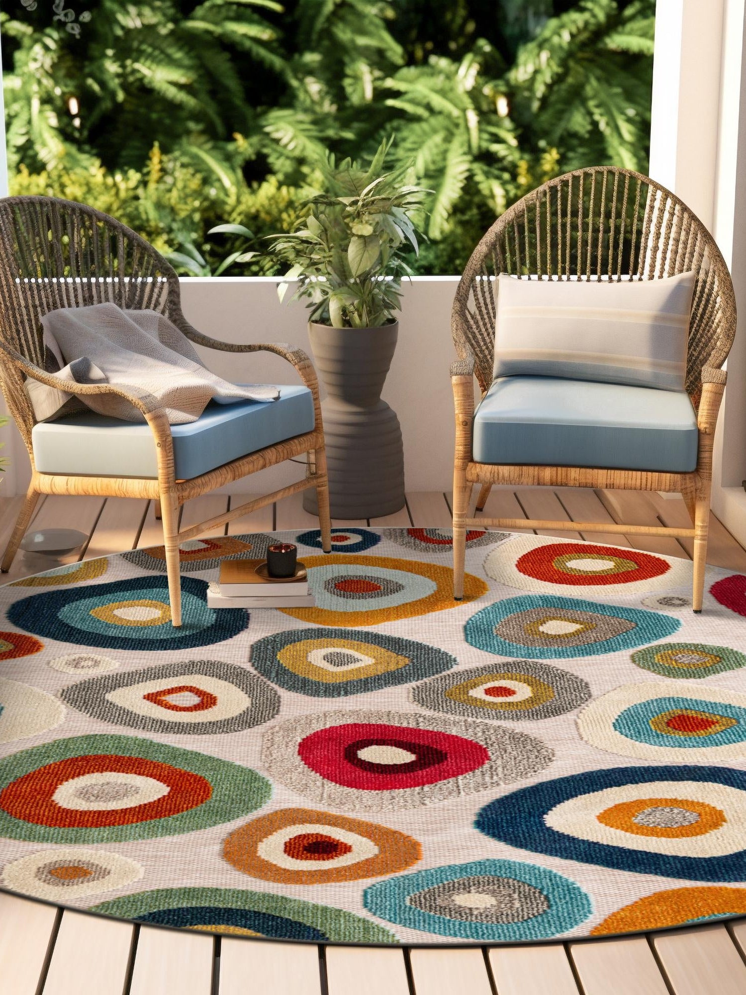 Multicolor Beige 7' 10 x 7' 10 Outdoor Casablanca Round Area Rug Weather Resistant for Patio, Deck, Terrace, Balcony, Porch Polypropylene Vivid Colorful Modern Carpet for Sale at Rug Engine