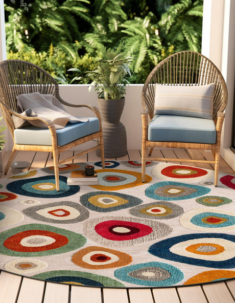 Multicolor Beige 7' 10 x 7' 10 Outdoor Casablanca Round Area Rug Weather Resistant for Patio, Deck, Terrace, Balcony, Porch Polypropylene Vivid Colorful Modern Carpet for Sale at Rug Engine