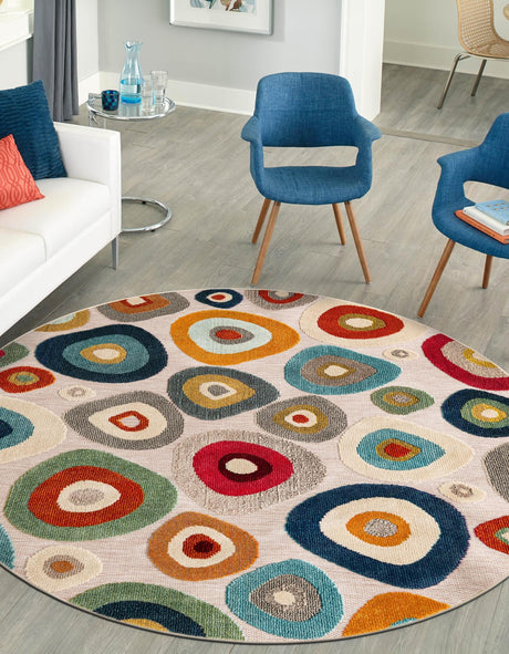 Multicolor Beige 3' 1 x 3' 1 Outdoor Casablanca Round Area Rug Weather Resistant for Patio, Deck, Terrace, Balcony, Porch Polypropylene Vivid Colorful Modern Carpet for Sale at Rug Engine