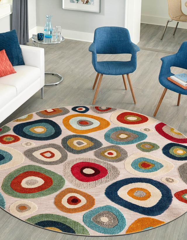 Multicolor Beige 3' 1 x 3' 1 Outdoor Casablanca Round Area Rug Weather Resistant for Patio, Deck, Terrace, Balcony, Porch Polypropylene Vivid Colorful Modern Carpet for Sale at Rug Engine