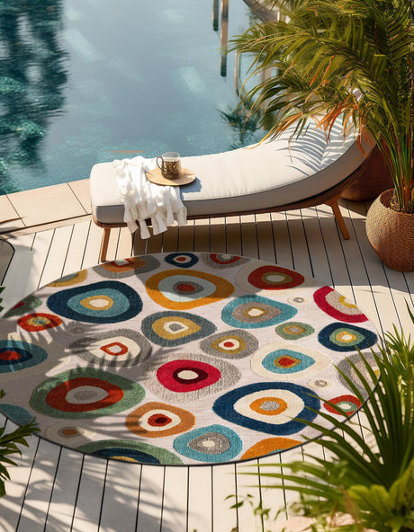 Multicolor Beige 3' 1 x 3' 1 Outdoor Casablanca Round Area Rug Weather Resistant for Patio, Deck, Terrace, Balcony, Porch Polypropylene Vivid Colorful Modern Carpet for Sale at Rug Engine