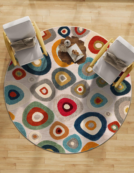 Multicolor Beige 3' 1 x 3' 1 Outdoor Casablanca Round Area Rug Weather Resistant for Patio, Deck, Terrace, Balcony, Porch Polypropylene Vivid Colorful Modern Carpet for Sale at Rug Engine
