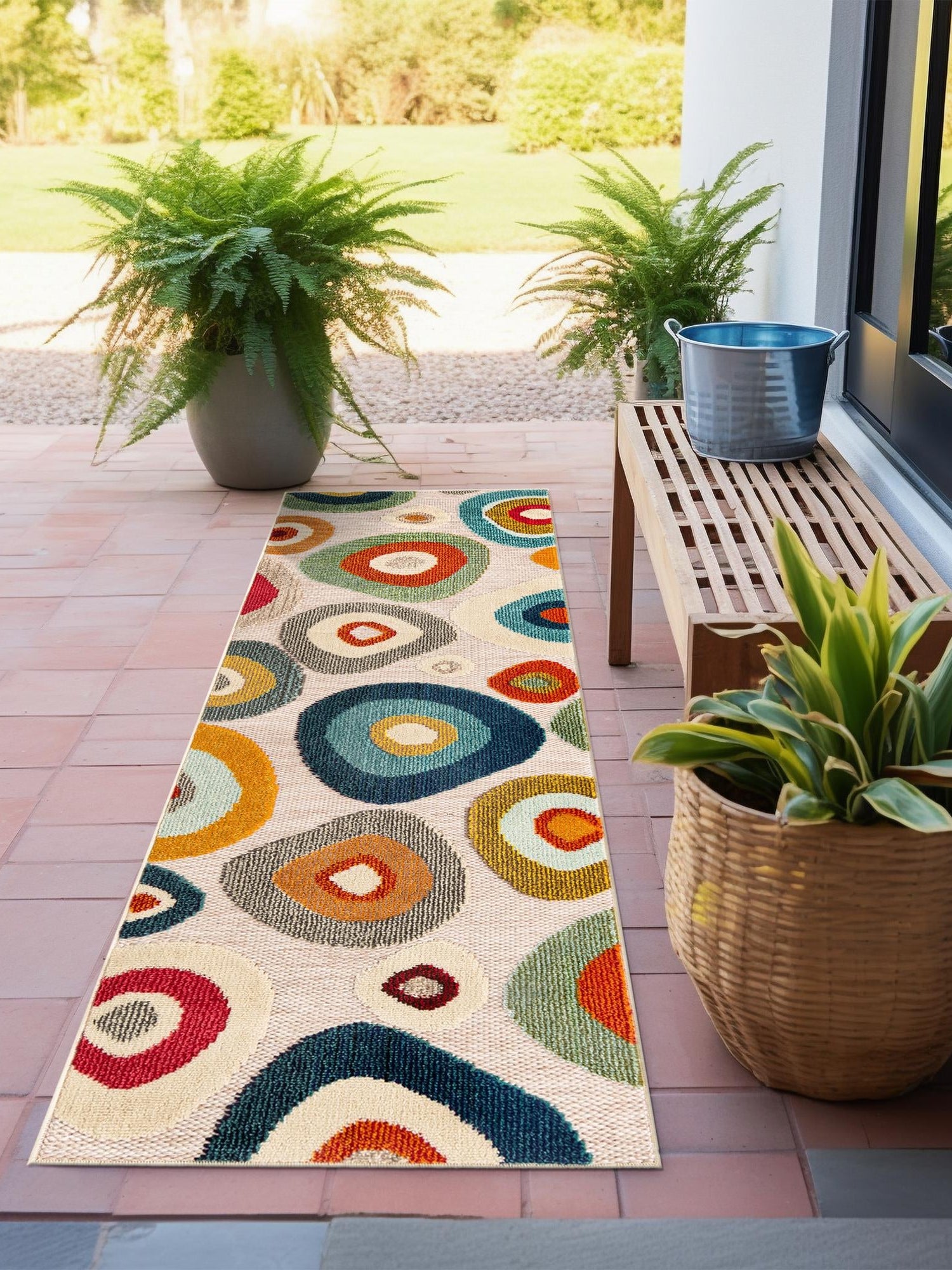 Multicolor Beige 2' 7 x 10' Outdoor Casablanca Runner Area Rug Weather Resistant for Patio, Deck, Terrace, Balcony, Porch Polypropylene Vivid Colorful Modern Carpet for Sale at Rug Engine