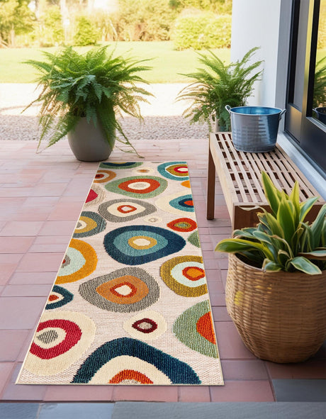 Multicolor Beige 2' 7 x 12' Outdoor Casablanca Runner Area Rug Weather Resistant for Patio, Deck, Terrace, Balcony, Porch Polypropylene Vivid Colorful Modern Carpet for Sale at Rug Engine