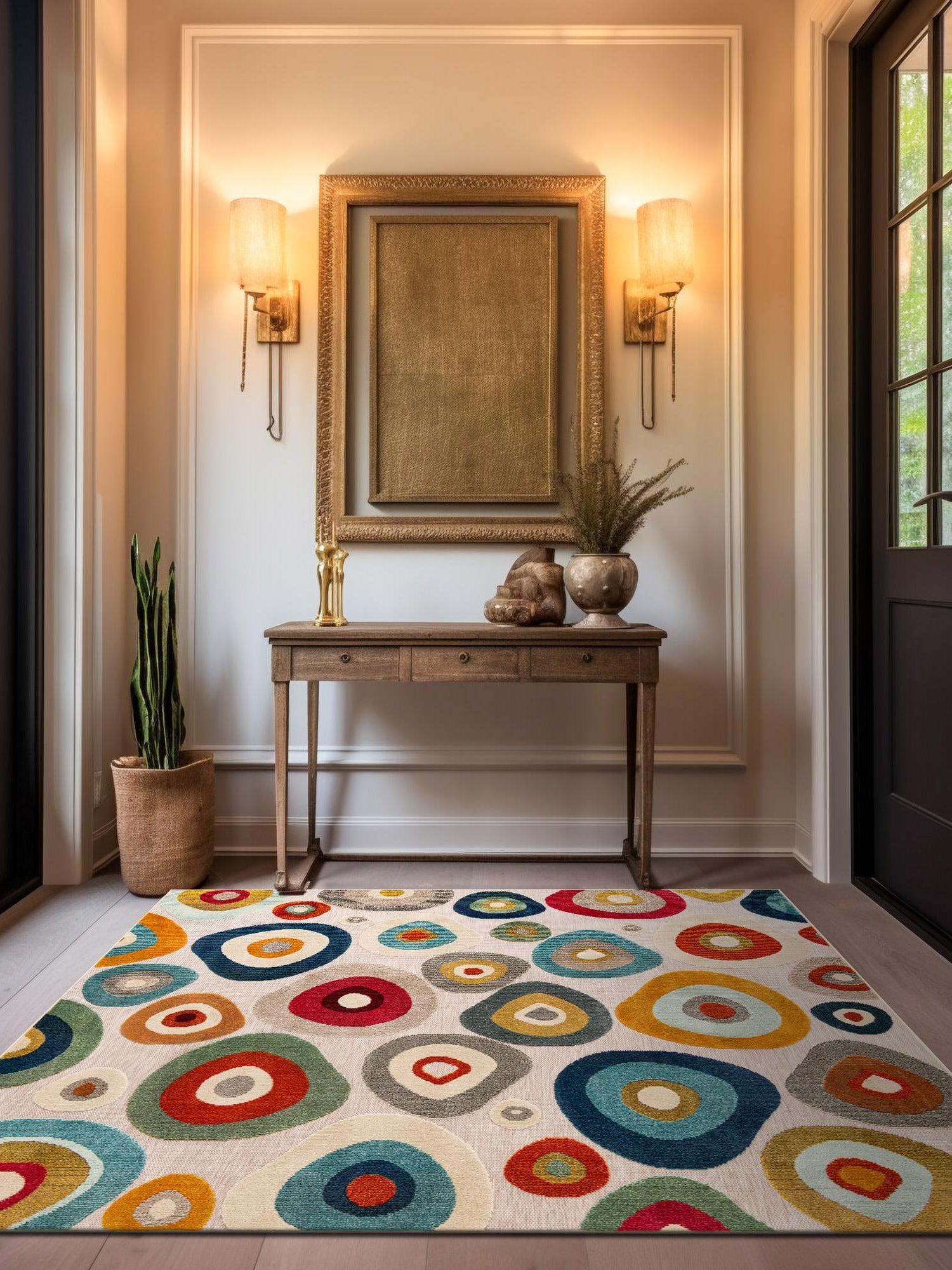 Multicolor Beige 7' 10 x 7' 10 Outdoor Casablanca Square Area Rug Weather Resistant for Patio, Deck, Terrace, Balcony, Porch Polypropylene Vivid Colorful Modern Carpet for Sale at Rug Engine