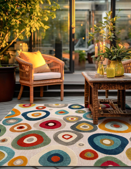 Multicolor Beige 10' x 10' Outdoor Casablanca Square Area Rug Weather Resistant for Patio, Deck, Terrace, Balcony, Porch Polypropylene Vivid Colorful Modern Carpet for Sale at Rug Engine