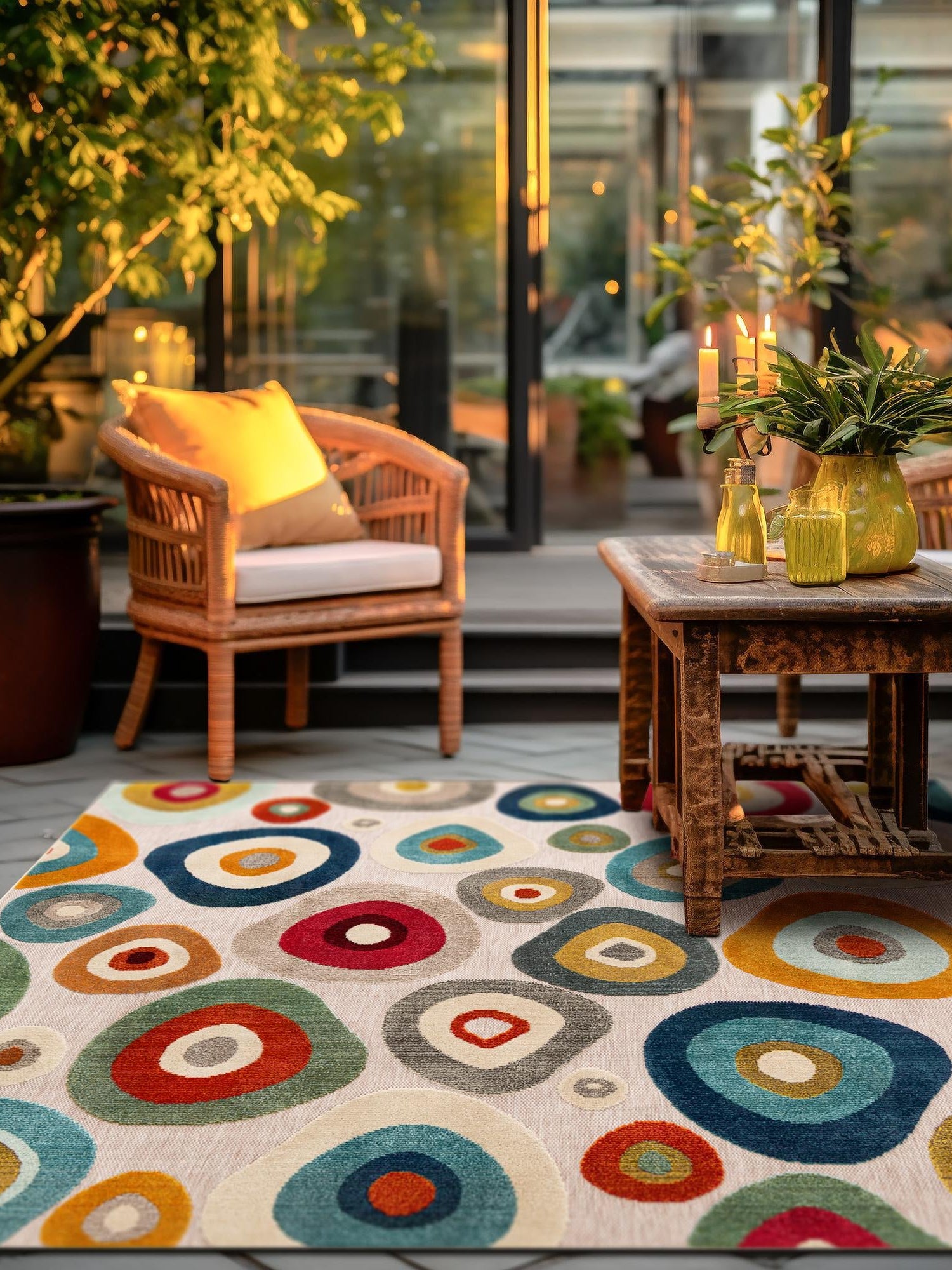 Multicolor Beige 7' 10 x 7' 10 Outdoor Casablanca Square Area Rug Weather Resistant for Patio, Deck, Terrace, Balcony, Porch Polypropylene Vivid Colorful Modern Carpet for Sale at Rug Engine