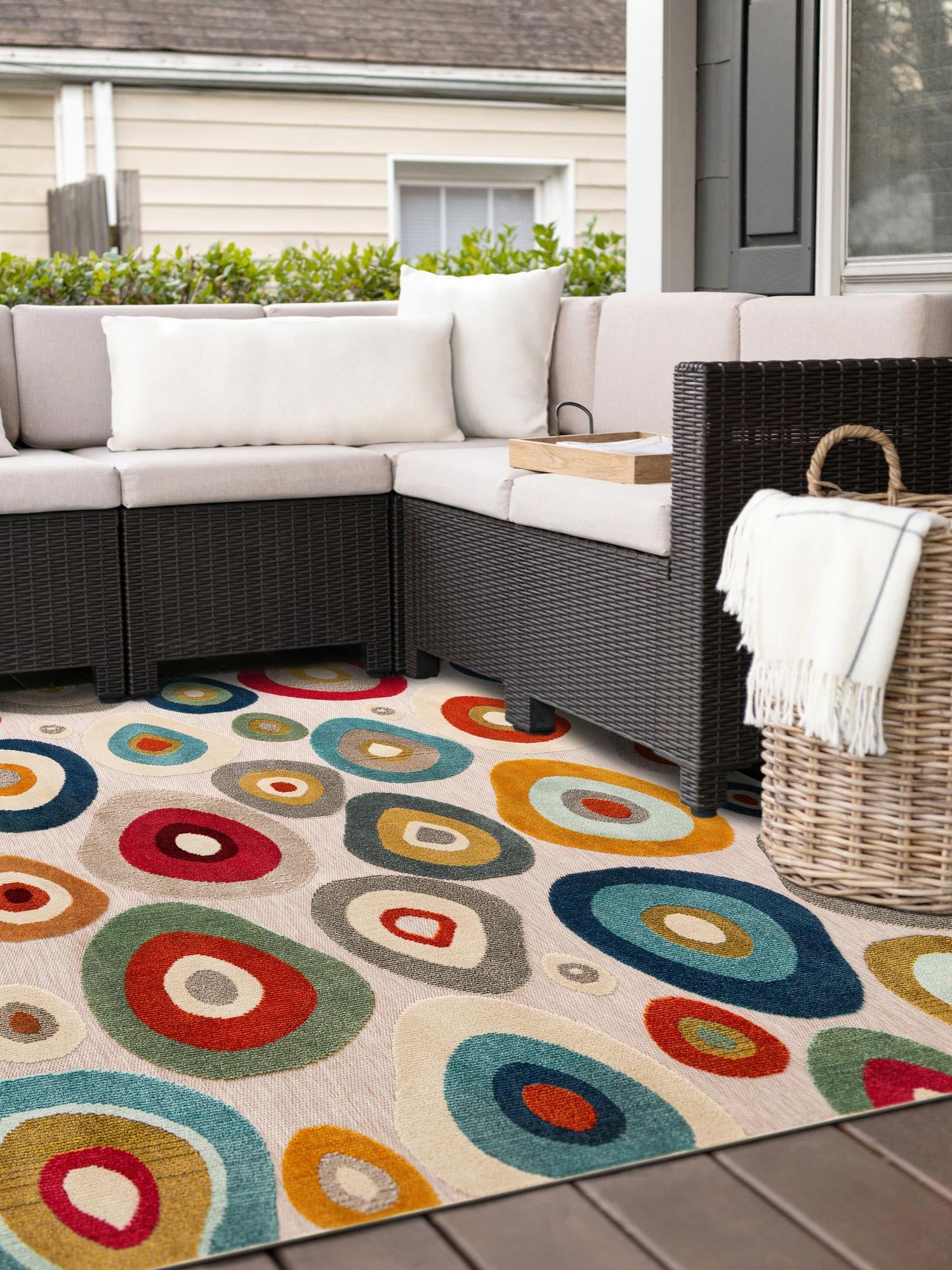 Multicolor Beige 7' 10 x 7' 10 Outdoor Casablanca Square Area Rug Weather Resistant for Patio, Deck, Terrace, Balcony, Porch Polypropylene Vivid Colorful Modern Carpet for Sale at Rug Engine