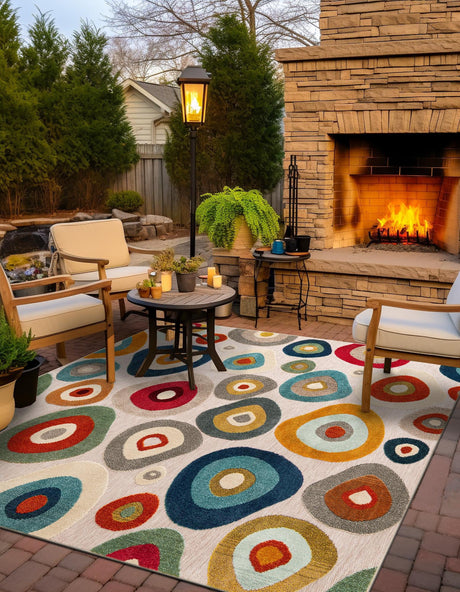 Multicolor Beige 10' x 10' Outdoor Casablanca Square Area Rug Weather Resistant for Patio, Deck, Terrace, Balcony, Porch Polypropylene Vivid Colorful Modern Carpet for Sale at Rug Engine