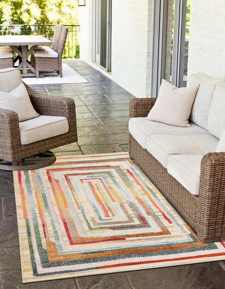 Multicolor Beige 5' 3 x 8' Outdoor Casablanca Rectangle Area Rug Weather Resistant for Patio, Deck, Terrace, Balcony, Porch Polypropylene Vivid Colorful Modern Carpet for Sale at Rug Engine