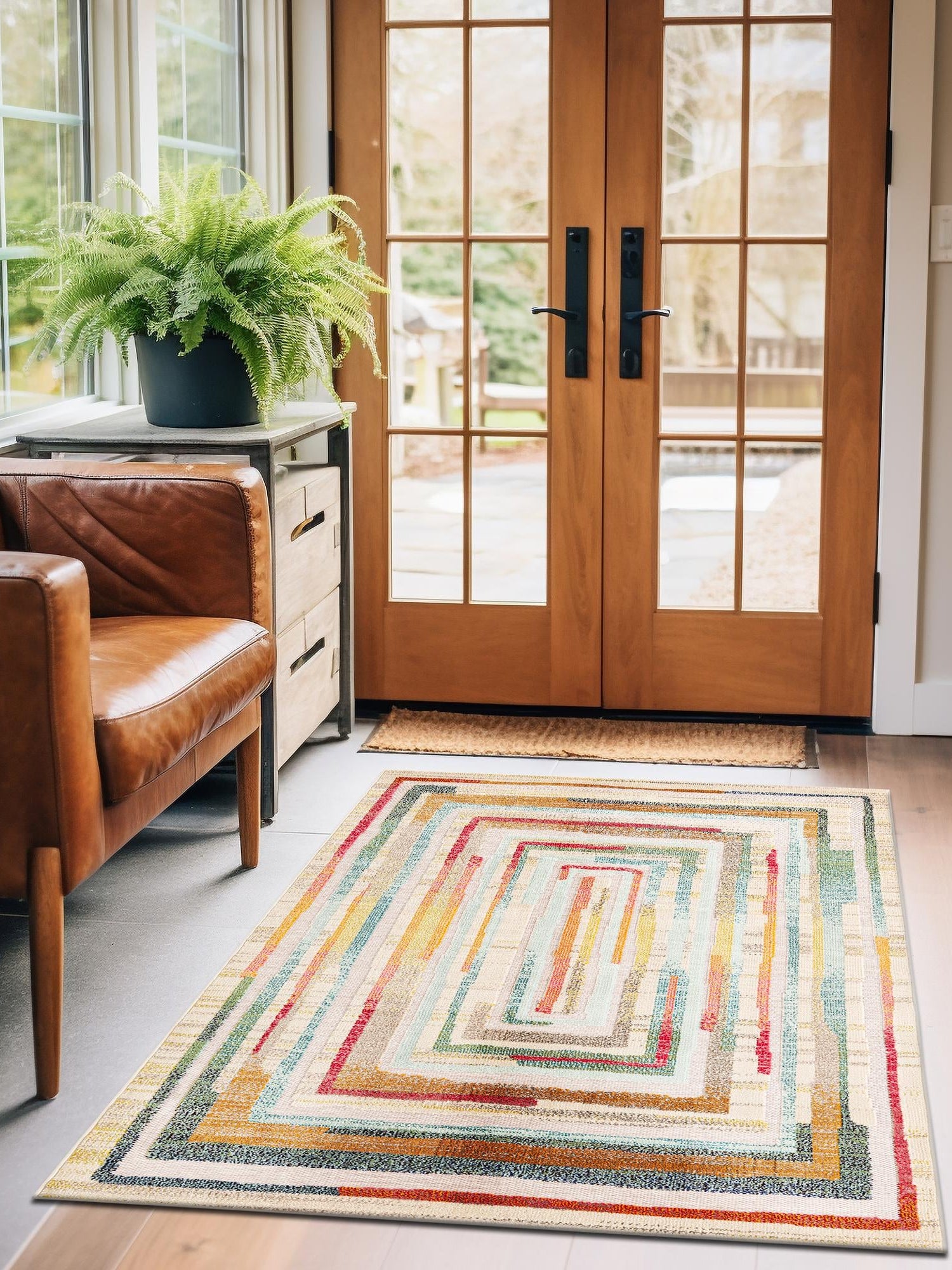 Multicolor Beige 5' 3 x 8' Outdoor Casablanca Rectangle Area Rug Weather Resistant for Patio, Deck, Terrace, Balcony, Porch Polypropylene Vivid Colorful Modern Carpet for Sale at Rug Engine