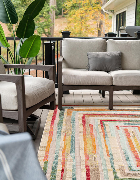 Multicolor Beige 9' x 12' Outdoor Casablanca Rectangle Area Rug Weather Resistant for Patio, Deck, Terrace, Balcony, Porch Polypropylene Vivid Colorful Modern Carpet for Sale at Rug Engine