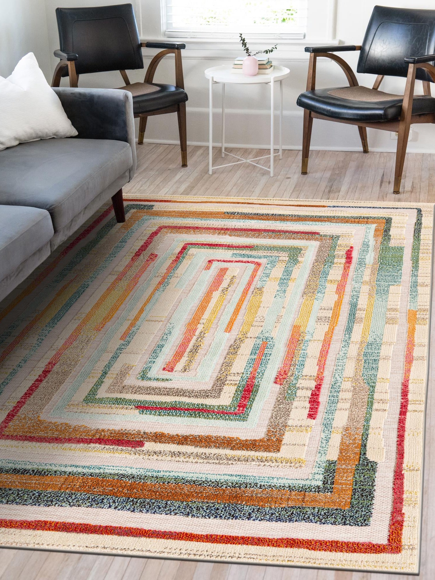 Multicolor Beige 5' 3 x 8' Outdoor Casablanca Rectangle Area Rug Weather Resistant for Patio, Deck, Terrace, Balcony, Porch Polypropylene Vivid Colorful Modern Carpet for Sale at Rug Engine