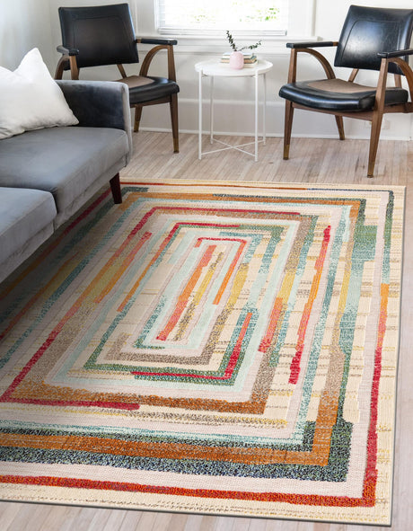 Multicolor Beige 5' 1 x 7' 1 Outdoor Casablanca Rectangle Area Rug Weather Resistant for Patio, Deck, Terrace, Balcony, Porch Polypropylene Vivid Colorful Modern Carpet for Sale at Rug Engine
