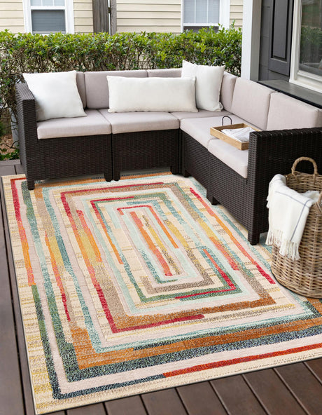 Multicolor Beige 5' 1 x 7' 1 Outdoor Casablanca Rectangle Area Rug Weather Resistant for Patio, Deck, Terrace, Balcony, Porch Polypropylene Vivid Colorful Modern Carpet for Sale at Rug Engine