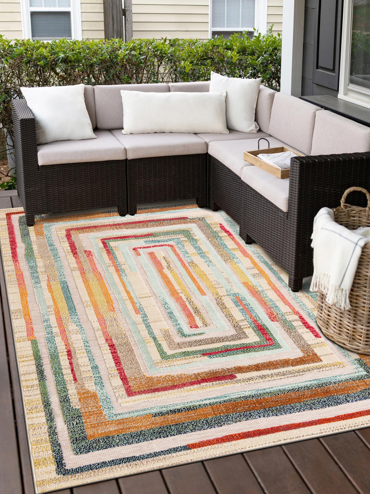 Multicolor Beige 6' 1 x 9' Outdoor Casablanca Rectangle Area Rug Weather Resistant for Patio, Deck, Terrace, Balcony, Porch Polypropylene Vivid Colorful Modern Carpet for Sale at Rug Engine