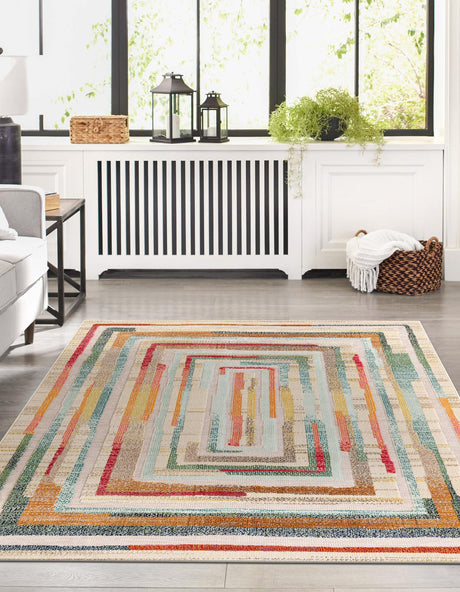 Multicolor Beige 2' x 3' 1 Outdoor Casablanca Rectangle Area Rug Weather Resistant for Patio, Deck, Terrace, Balcony, Porch Polypropylene Vivid Colorful Modern Carpet for Sale at Rug Engine
