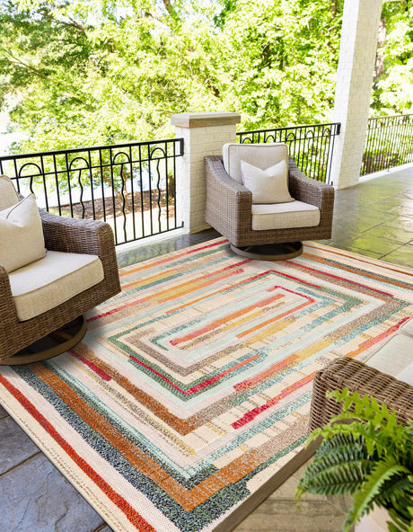Multicolor Beige 9' x 12' Outdoor Casablanca Rectangle Area Rug Weather Resistant for Patio, Deck, Terrace, Balcony, Porch Polypropylene Vivid Colorful Modern Carpet for Sale at Rug Engine