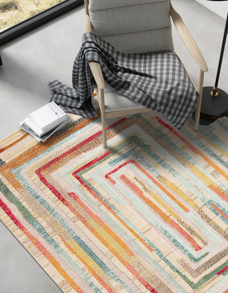 Multicolor Beige 6' 1 x 9' Outdoor Casablanca Rectangle Area Rug Weather Resistant for Patio, Deck, Terrace, Balcony, Porch Polypropylene Vivid Colorful Modern Carpet for Sale at Rug Engine