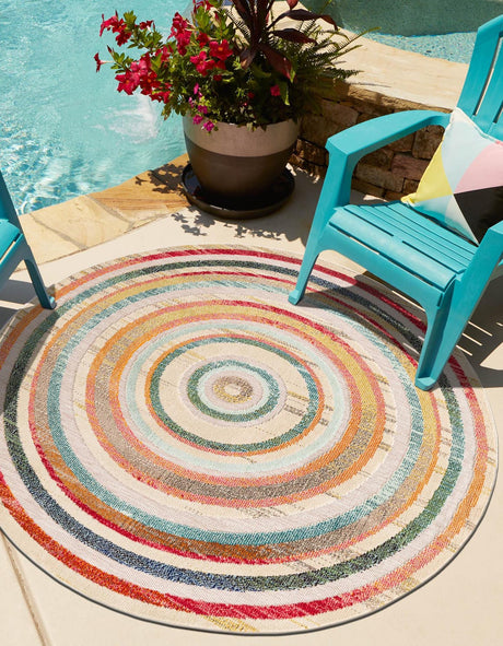 Multicolor Beige 6' 1 x 6' 1 Outdoor Casablanca Round Area Rug Weather Resistant for Patio, Deck, Terrace, Balcony, Porch Polypropylene Vivid Colorful Modern Carpet for Sale at Rug Engine