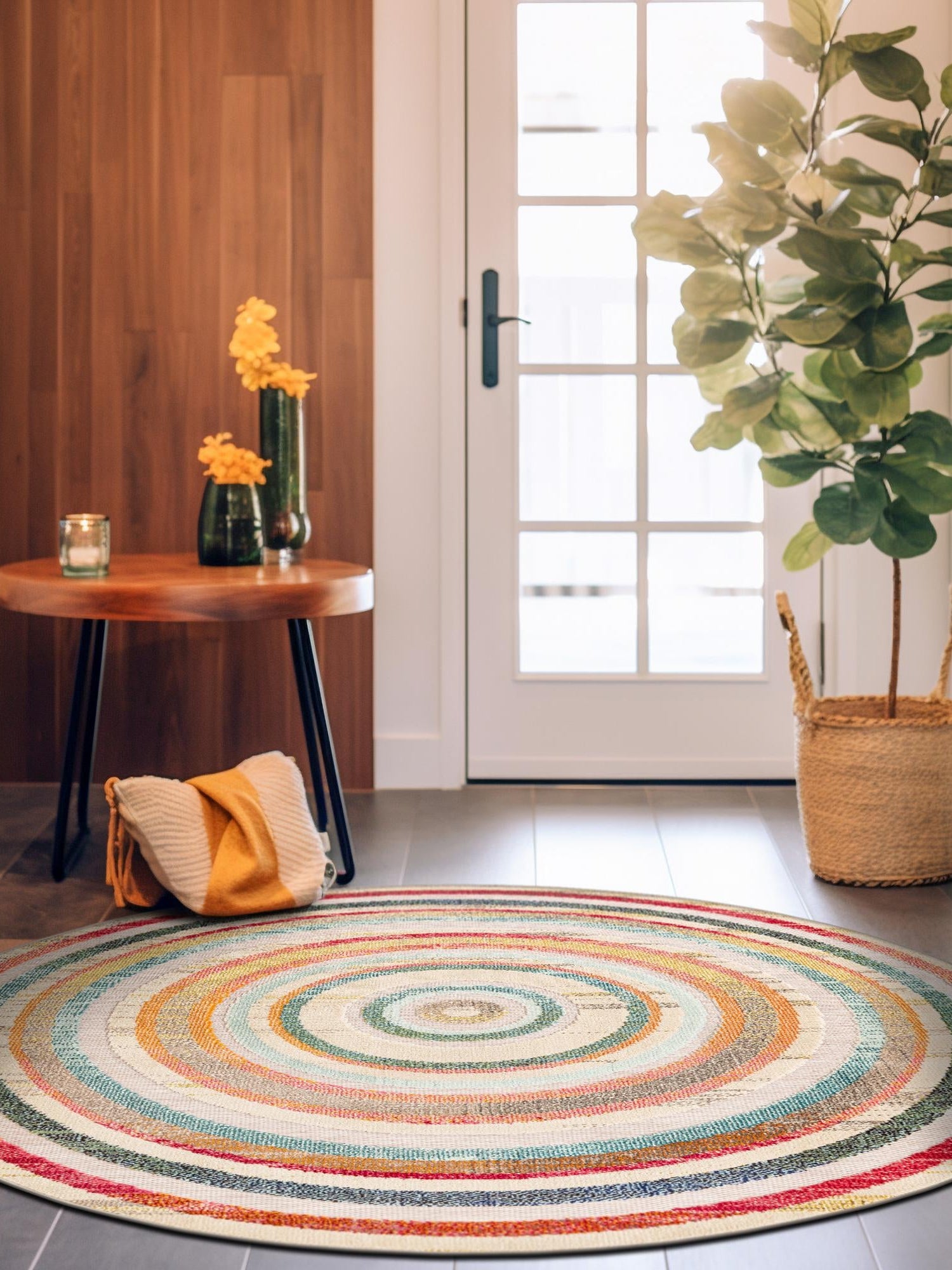 Multicolor Beige 7' 10 x 7' 10 Outdoor Casablanca Round Area Rug Weather Resistant for Patio, Deck, Terrace, Balcony, Porch Polypropylene Vivid Colorful Modern Carpet for Sale at Rug Engine