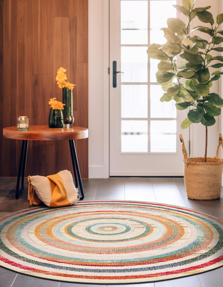 Multicolor Beige 7' 10 x 7' 10 Outdoor Casablanca Round Area Rug Weather Resistant for Patio, Deck, Terrace, Balcony, Porch Polypropylene Vivid Colorful Modern Carpet for Sale at Rug Engine