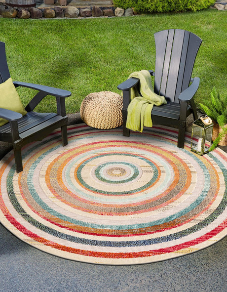 Multicolor Beige 6' 1 x 6' 1 Outdoor Casablanca Round Area Rug Weather Resistant for Patio, Deck, Terrace, Balcony, Porch Polypropylene Vivid Colorful Modern Carpet for Sale at Rug Engine