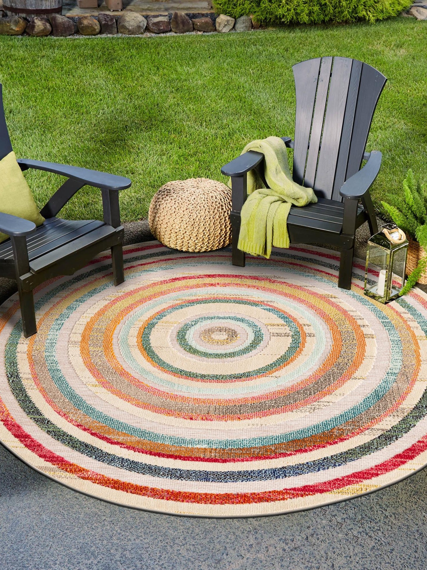 Multicolor Beige 3' 1 x 3' 1 Outdoor Casablanca Round Area Rug Weather Resistant for Patio, Deck, Terrace, Balcony, Porch Polypropylene Vivid Colorful Modern Carpet for Sale at Rug Engine