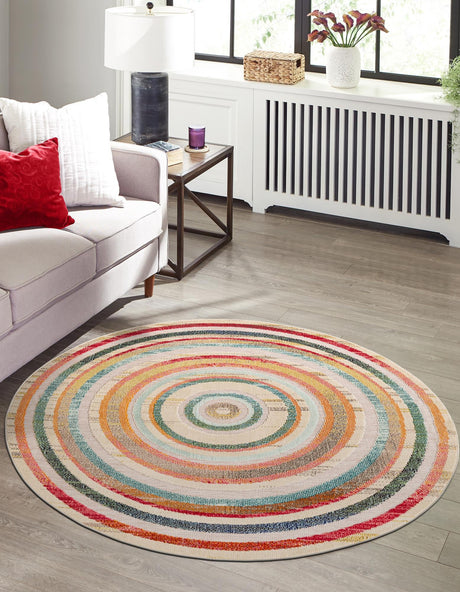 Multicolor Beige 6' 1 x 6' 1 Outdoor Casablanca Round Area Rug Weather Resistant for Patio, Deck, Terrace, Balcony, Porch Polypropylene Vivid Colorful Modern Carpet for Sale at Rug Engine
