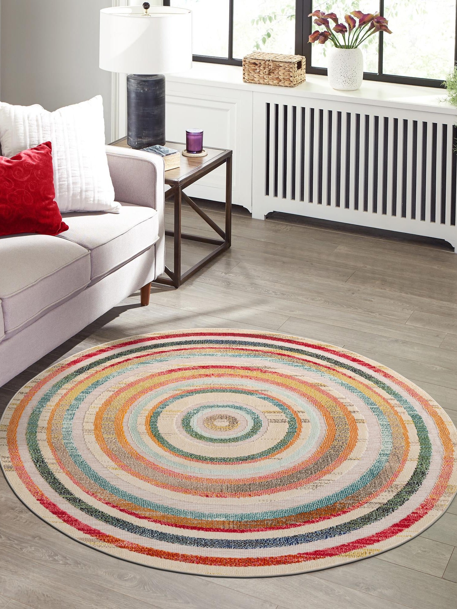 Multicolor Beige 7' 10 x 7' 10 Outdoor Casablanca Round Area Rug Weather Resistant for Patio, Deck, Terrace, Balcony, Porch Polypropylene Vivid Colorful Modern Carpet for Sale at Rug Engine