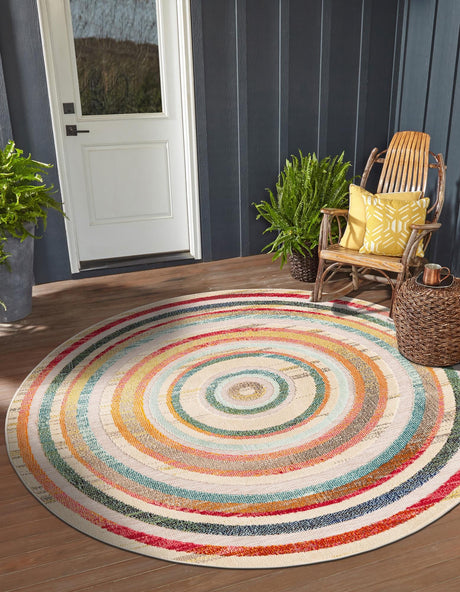 Multicolor Beige 6' 1 x 6' 1 Outdoor Casablanca Round Area Rug Weather Resistant for Patio, Deck, Terrace, Balcony, Porch Polypropylene Vivid Colorful Modern Carpet for Sale at Rug Engine
