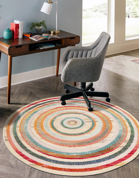 Multicolor Beige 6' 1 x 6' 1 Outdoor Casablanca Round Area Rug Weather Resistant for Patio, Deck, Terrace, Balcony, Porch Polypropylene Vivid Colorful Modern Carpet for Sale at Rug Engine