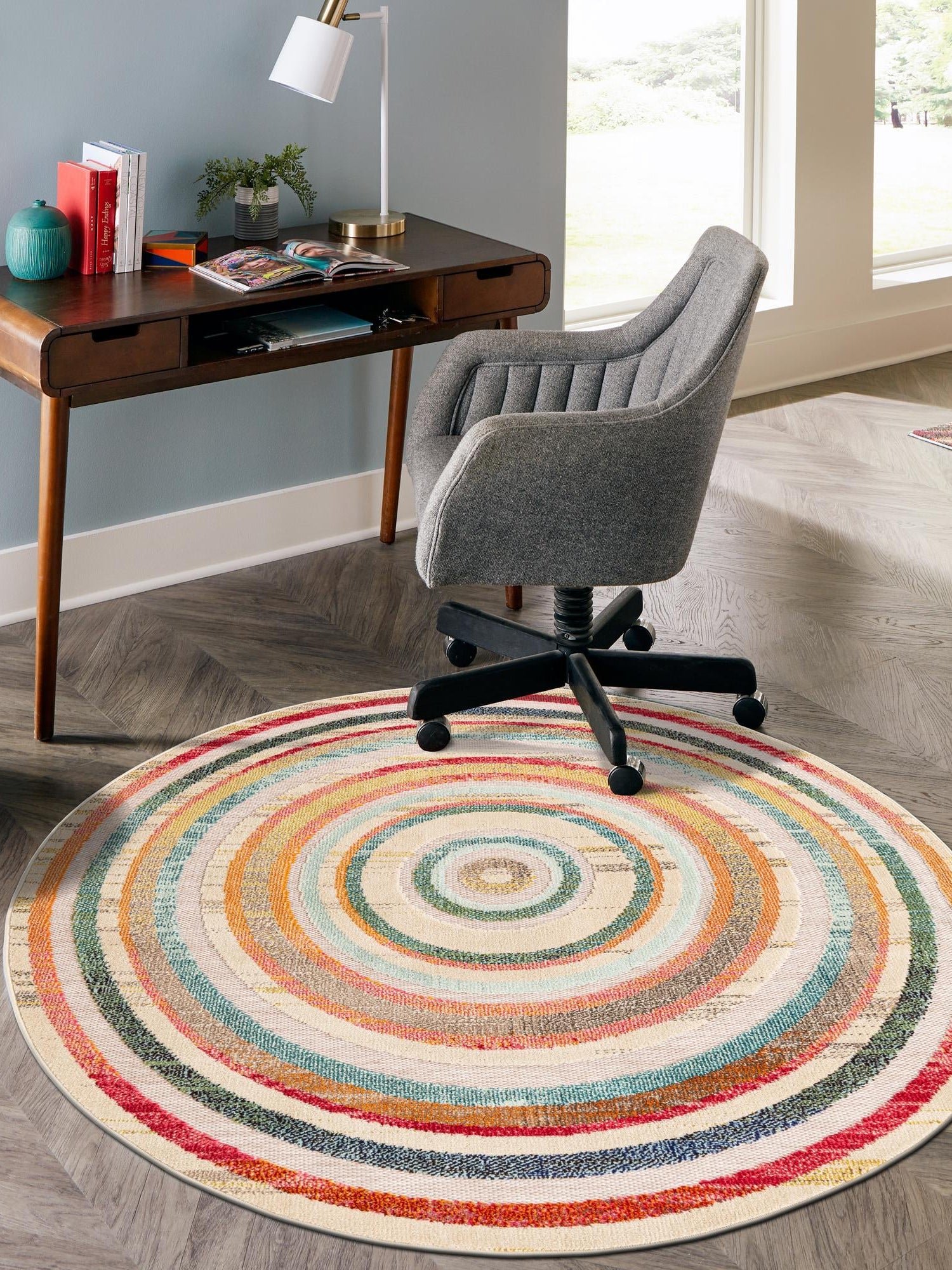 Multicolor Beige 7' 10 x 7' 10 Outdoor Casablanca Round Area Rug Weather Resistant for Patio, Deck, Terrace, Balcony, Porch Polypropylene Vivid Colorful Modern Carpet for Sale at Rug Engine