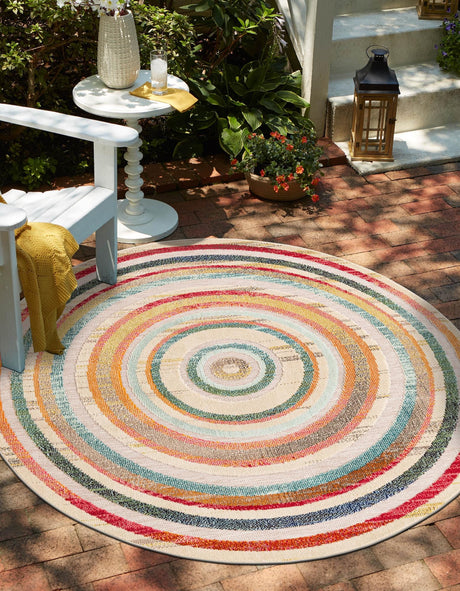 Multicolor Beige 6' 1 x 6' 1 Outdoor Casablanca Round Area Rug Weather Resistant for Patio, Deck, Terrace, Balcony, Porch Polypropylene Vivid Colorful Modern Carpet for Sale at Rug Engine